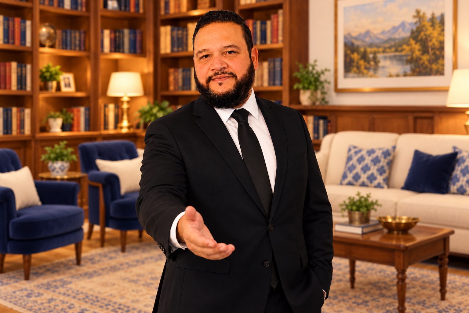 Eduardo López Tejeda sonriente, con la palma extendida en señal de invitación y una biblioteca de fondo